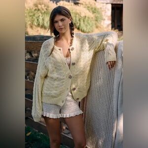 Lyrebird/Anthropologie Novelty Button Cardigan Sweater in Yellow/Cream XS. NWT